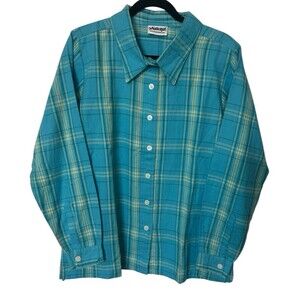 National Womens Sz L Plaid Blue Yellow Button Down Cotton Long Sleeves Top